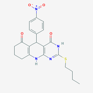 molecular formula C21H22N4O4S B2857501 2-(butylsulfanyl)-5-(4-nitrophenyl)-5,8,9,10-tetrahydropyrimido[4,5-b]quinoline-4,6(3H,7H)-dione CAS No. 628278-44-4
