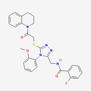 molecular formula C28H26FN5O3S B2857521 N-((5-((2-(3,4-dihydroquinolin-1(2H)-yl)-2-oxoethyl)thio)-4-(2-methoxyphenyl)-4H-1,2,4-triazol-3-yl)methyl)-2-fluorobenzamide CAS No. 391898-79-6