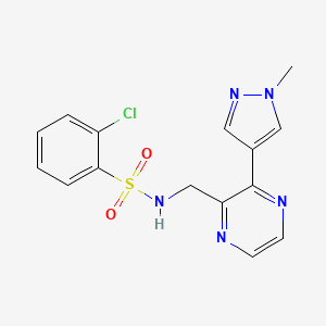 molecular formula C15H14ClN5O2S B2857554 2-chloro-N-((3-(1-methyl-1H-pyrazol-4-yl)pyrazin-2-yl)methyl)benzenesulfonamide CAS No. 2034364-32-2