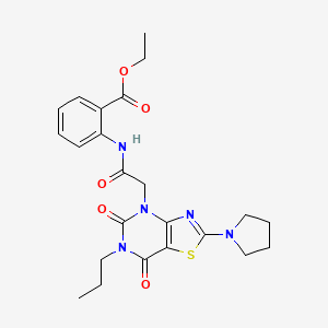 molecular formula C23H27N5O5S B2857587 ethyl 2-(2-(5,7-dioxo-6-propyl-2-(pyrrolidin-1-yl)-6,7-dihydrothiazolo[4,5-d]pyrimidin-4(5H)-yl)acetamido)benzoate CAS No. 1116048-29-3