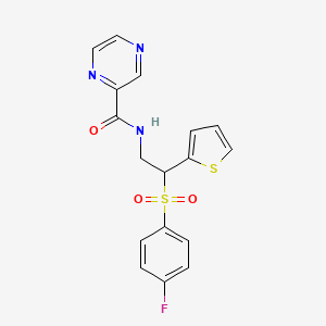 molecular formula C17H14FN3O3S2 B2857607 N-(2-((4-fluorophenyl)sulfonyl)-2-(thiophen-2-yl)ethyl)pyrazine-2-carboxamide CAS No. 1209804-50-1