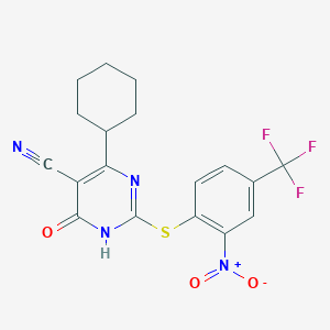 molecular formula C18H15F3N4O3S B2857630 4-Cyclohexyl-2-[2-nitro-4-(trifluoromethyl)phenyl]sulfanyl-6-oxo-1H-pyrimidine-5-carbonitrile CAS No. 301177-36-6