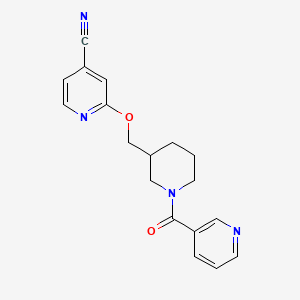 molecular formula C18H18N4O2 B2857648 2-[[1-(Pyridine-3-carbonyl)piperidin-3-yl]methoxy]pyridine-4-carbonitrile CAS No. 2380043-83-2