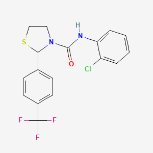 molecular formula C17H14ClF3N2OS B2857651 N-(2-chlorophenyl)-2-(4-(trifluoromethyl)phenyl)thiazolidine-3-carboxamide CAS No. 2034263-00-6