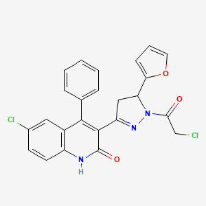 molecular formula C24H17Cl2N3O3 B2857659 6-Chloro-3-[2-(2-chloroacetyl)-3-(furan-2-yl)-3,4-dihydropyrazol-5-yl]-4-phenyl-1H-quinolin-2-one CAS No. 1016148-99-4