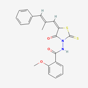 molecular formula C21H18N2O3S2 B2857725 2-methoxy-N-((E)-5-((E)-2-methyl-3-phenylallylidene)-4-oxo-2-thioxothiazolidin-3-yl)benzamide CAS No. 638137-73-2
