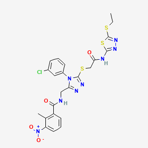 molecular formula C23H21ClN8O4S3 B2857762 N-[[4-(3-氯苯基)-5-[2-[(5-乙硫基-1,3,4-噻二唑-2-基)氨基]-2-氧代乙基]硫基-1,2,4-三唑-3-基]甲基]-2-甲基-3-硝基苯甲酰胺 CAS No. 391942-52-2