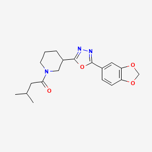molecular formula C19H23N3O4 B2857779 1-(3-(5-(Benzo[d][1,3]dioxol-5-yl)-1,3,4-oxadiazol-2-yl)piperidin-1-yl)-3-methylbutan-1-one CAS No. 1173260-96-2