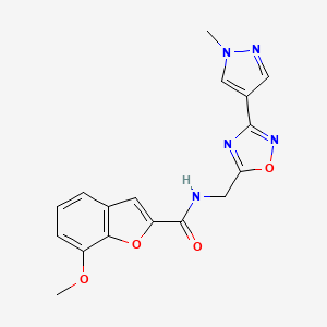 molecular formula C17H15N5O4 B2857911 7-methoxy-N-((3-(1-methyl-1H-pyrazol-4-yl)-1,2,4-oxadiazol-5-yl)methyl)benzofuran-2-carboxamide CAS No. 2034296-26-7