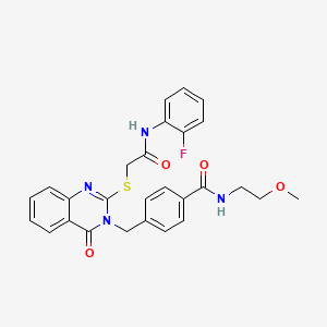 molecular formula C27H25FN4O4S B2857913 4-((2-((2-((2-fluorophenyl)amino)-2-oxoethyl)thio)-4-oxoquinazolin-3(4H)-yl)methyl)-N-(2-methoxyethyl)benzamide CAS No. 1115434-36-0