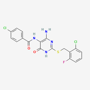molecular formula C18H13Cl2FN4O2S B2857944 N-(4-amino-2-((2-chloro-6-fluorobenzyl)thio)-6-oxo-1,6-dihydropyrimidin-5-yl)-4-chlorobenzamide CAS No. 888439-81-4