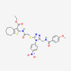 molecular formula C31H32N6O7S2 B2857989 ethyl 2-(2-((5-((4-methoxybenzamido)methyl)-4-(4-nitrophenyl)-4H-1,2,4-triazol-3-yl)thio)acetamido)-5,6,7,8-tetrahydro-4H-cyclohepta[b]thiophene-3-carboxylate CAS No. 393847-86-4