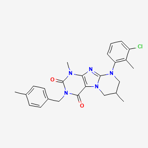 molecular formula C25H26ClN5O2 B2858112 9-(3-chloro-2-methylphenyl)-1,7-dimethyl-3-(4-methylbenzyl)-6,7,8,9-tetrahydropyrimido[2,1-f]purine-2,4(1H,3H)-dione CAS No. 877617-69-1