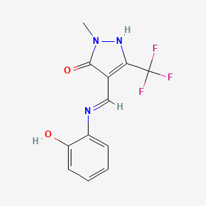 molecular formula C12H10F3N3O2 B2858142 4-[(2-hydroxyanilino)methylene]-2-methyl-5-(trifluoromethyl)-2,4-dihydro-3H-pyrazol-3-one CAS No. 320425-03-4