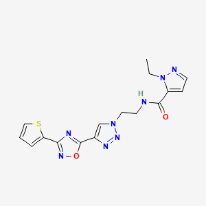 molecular formula C16H16N8O2S B2858143 1-乙基-N-(2-(4-(3-(噻吩-2-基)-1,2,4-恶二唑-5-基)-1H-1,2,3-三唑-1-基)乙基)-1H-吡唑-5-甲酰胺 CAS No. 2034535-56-1