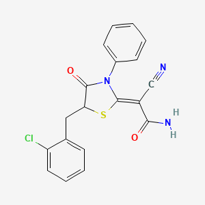 molecular formula C19H14ClN3O2S B2858257 (Z)-2-(5-(2-chlorobenzyl)-4-oxo-3-phenylthiazolidin-2-ylidene)-2-cyanoacetamide CAS No. 488128-96-7