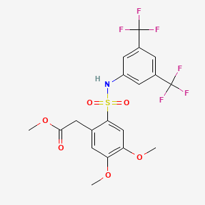 molecular formula C19H17F6NO6S B2858338 Methyl (2-(((3,5-bis(trifluoromethyl)phenyl)amino)sulfonyl)-4,5-dimethoxyphenyl)acetate CAS No. 1024082-03-8
