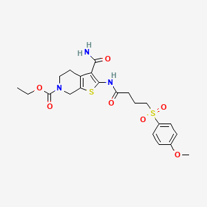 molecular formula C22H27N3O7S2 B2858396 ethyl 3-carbamoyl-2-(4-((4-methoxyphenyl)sulfonyl)butanamido)-4,5-dihydrothieno[2,3-c]pyridine-6(7H)-carboxylate CAS No. 922917-23-5