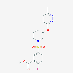 molecular formula C17H18FN3O5S B2858411 2-Fluoro-5-((3-((6-methylpyridazin-3-yl)oxy)piperidin-1-yl)sulfonyl)benzoic acid CAS No. 2034578-52-2