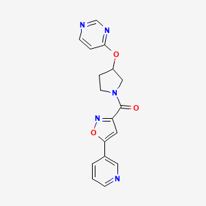 molecular formula C17H15N5O3 B2858553 (5-(Pyridin-3-yl)isoxazol-3-yl)(3-(pyrimidin-4-yloxy)pyrrolidin-1-yl)methanone CAS No. 2034572-09-1
