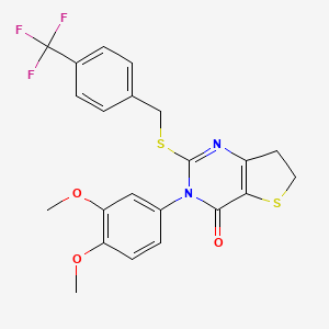 molecular formula C22H19F3N2O3S2 B2858554 3-(3,4-dimethoxyphenyl)-2-((4-(trifluoromethyl)benzyl)thio)-6,7-dihydrothieno[3,2-d]pyrimidin-4(3H)-one CAS No. 877656-38-7