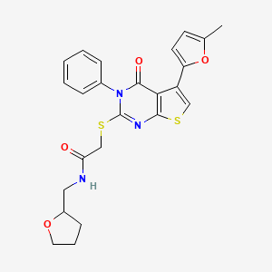 molecular formula C24H23N3O4S2 B2858583 2-{[5-(5-methylfuran-2-yl)-4-oxo-3-phenyl-3H,4H-thieno[2,3-d]pyrimidin-2-yl]sulfanyl}-N-[(oxolan-2-yl)methyl]acetamide CAS No. 670273-81-1