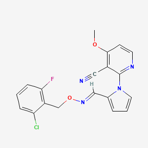 molecular formula C19H14ClFN4O2 B2858619 2-{2-[(1E)-{[(2-chloro-6-fluorophenyl)methoxy]imino}methyl]-1H-pyrrol-1-yl}-4-methoxypyridine-3-carbonitrile CAS No. 339103-13-8