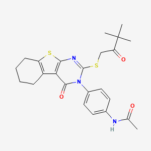 molecular formula C24H27N3O3S2 B2858623 N-(4-{5-[(3,3-dimethyl-2-oxobutyl)sulfanyl]-3-oxo-8-thia-4,6-diazatricyclo[7.4.0.0^{2,7}]trideca-1(9),2(7),5-trien-4-yl}phenyl)acetamide CAS No. 380340-02-3