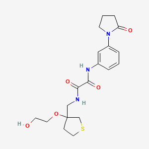 molecular formula C19H25N3O5S B2858672 N1-((3-(2-hydroxyethoxy)tetrahydrothiophen-3-yl)methyl)-N2-(3-(2-oxopyrrolidin-1-yl)phenyl)oxalamide CAS No. 2309588-36-9