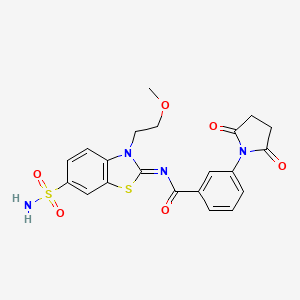 molecular formula C21H20N4O6S2 B2858686 (Z)-3-(2,5-dioxopyrrolidin-1-yl)-N-(3-(2-methoxyethyl)-6-sulfamoylbenzo[d]thiazol-2(3H)-ylidene)benzamide CAS No. 865160-22-1