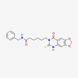 molecular formula C22H23N3O4S B2858693 N-苄基-6-(8-氧代-6-硫代亚甲基-5H-[1,3]二噁唑[4,5-g]喹唑啉-7-基)己酰胺 CAS No. 688053-73-8