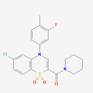 molecular formula C21H20ClFN2O3S B2858763 (6-chloro-4-(3-fluoro-4-methylphenyl)-1,1-dioxido-4H-benzo[b][1,4]thiazin-2-yl)(piperidin-1-yl)methanone CAS No. 1251604-67-7