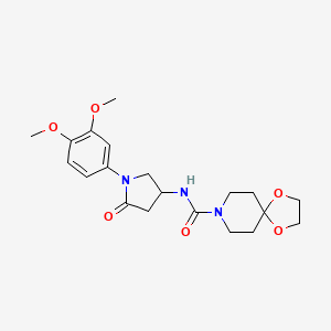 molecular formula C20H27N3O6 B2858789 N-(1-(3,4-dimethoxyphenyl)-5-oxopyrrolidin-3-yl)-1,4-dioxa-8-azaspiro[4.5]decane-8-carboxamide CAS No. 877641-24-2