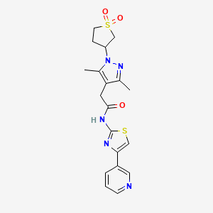molecular formula C19H21N5O3S2 B2858821 2-(1-(1,1-dioxidotetrahydrothiophen-3-yl)-3,5-dimethyl-1H-pyrazol-4-yl)-N-(4-(pyridin-3-yl)thiazol-2-yl)acetamide CAS No. 1206999-29-2