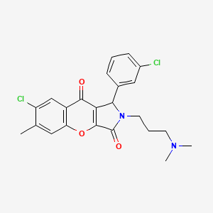 molecular formula C23H22Cl2N2O3 B2858826 7-Chloro-1-(3-chlorophenyl)-2-(3-(dimethylamino)propyl)-6-methyl-1,2-dihydrochromeno[2,3-c]pyrrole-3,9-dione CAS No. 886147-46-2