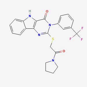 molecular formula C23H19F3N4O2S B2858838 2-((2-oxo-2-(pyrrolidin-1-yl)ethyl)thio)-3-(3-(trifluoromethyl)phenyl)-3H-pyrimido[5,4-b]indol-4(5H)-one CAS No. 536715-64-7