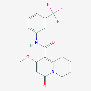 molecular formula C18H17F3N2O3 B2858840 8-methoxy-6-oxo-N-[3-(trifluoromethyl)phenyl]-1,3,4,6-tetrahydro-2H-quinolizine-9-carboxamide CAS No. 1775464-73-7