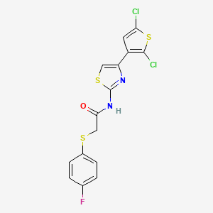 molecular formula C15H9Cl2FN2OS3 B2858888 N-(4-(2,5-二氯噻吩-3-基)噻唑-2-基)-2-((4-氟苯基)硫代)乙酰胺 CAS No. 922581-56-4