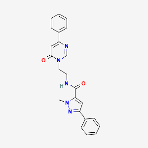 molecular formula C23H21N5O2 B2858920 1-methyl-N-(2-(6-oxo-4-phenylpyrimidin-1(6H)-yl)ethyl)-3-phenyl-1H-pyrazole-5-carboxamide CAS No. 1334374-31-0