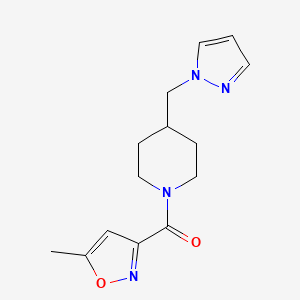 molecular formula C14H18N4O2 B2858929 (4-((1H-pyrazol-1-yl)methyl)piperidin-1-yl)(5-methylisoxazol-3-yl)methanone CAS No. 1286698-38-1