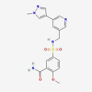 molecular formula C18H19N5O4S B2858956 2-甲氧基-5-(N-((5-(1-甲基-1H-吡唑-4-基)吡啶-3-基)甲基)磺酰胺)苯甲酰胺 CAS No. 2034558-93-3