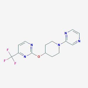 molecular formula C14H14F3N5O B2859018 2-(1-Pyrazin-2-ylpiperidin-4-yl)oxy-4-(trifluoromethyl)pyrimidine CAS No. 2380143-30-4