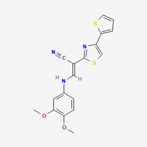 molecular formula C18H15N3O2S2 B2859183 (2E)-3-[(3,4-dimethoxyphenyl)amino]-2-[4-(thiophen-2-yl)-1,3-thiazol-2-yl]prop-2-enenitrile CAS No. 1021219-28-2