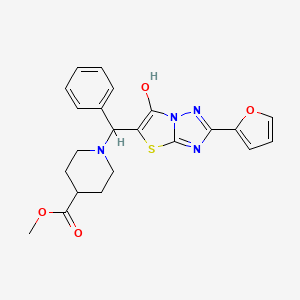 molecular formula C22H22N4O4S B2859291 1-((2-(呋喃-2-基)-6-羟基噻唑并[3,2-b][1,2,4]三唑-5-基)(苯基)甲基)哌啶-4-甲酸甲酯 CAS No. 887219-48-9