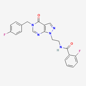 molecular formula C21H17F2N5O2 B2859309 2-fluoro-N-(2-(5-(4-fluorobenzyl)-4-oxo-4,5-dihydro-1H-pyrazolo[3,4-d]pyrimidin-1-yl)ethyl)benzamide CAS No. 922137-85-7