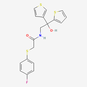 molecular formula C18H16FNO2S3 B2859363 2-((4-fluorophenyl)thio)-N-(2-hydroxy-2-(thiophen-2-yl)-2-(thiophen-3-yl)ethyl)acetamide CAS No. 2034620-37-4