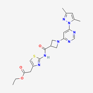 molecular formula C20H23N7O3S B2859387 ethyl 2-(2-(1-(6-(3,5-dimethyl-1H-pyrazol-1-yl)pyrimidin-4-yl)azetidine-3-carboxamido)thiazol-4-yl)acetate CAS No. 2034361-55-0