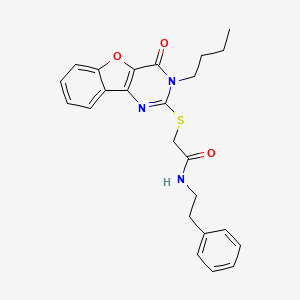 molecular formula C24H25N3O3S B2859388 2-({5-butyl-6-oxo-8-oxa-3,5-diazatricyclo[7.4.0.0^{2,7}]trideca-1(9),2(7),3,10,12-pentaen-4-yl}sulfanyl)-N-(2-phenylethyl)acetamide CAS No. 899941-28-7