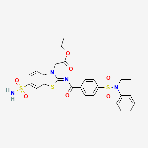 molecular formula C26H26N4O7S3 B2859391 Ethyl 2-[2-[4-[ethyl(phenyl)sulfamoyl]benzoyl]imino-6-sulfamoyl-1,3-benzothiazol-3-yl]acetate CAS No. 865248-44-8