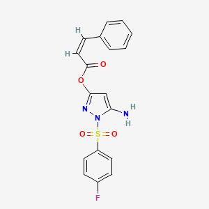 molecular formula C18H14FN3O4S B2859430 (Z)-5-amino-1-((4-fluorophenyl)sulfonyl)-1H-pyrazol-3-yl 3-phenylacrylate CAS No. 442679-32-5